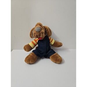 Vintage 1981 Ganz Bros - Wrinkles the Dog Hand Puppet Plush Denim Overalls